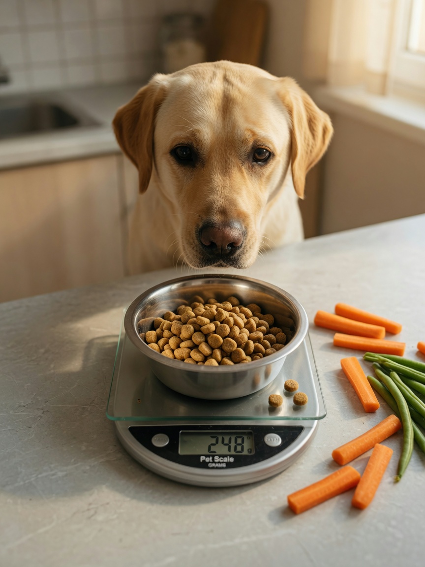 Labrador Retriever with measured kibble portions on kitchen scale and low-calorie treat alternatives