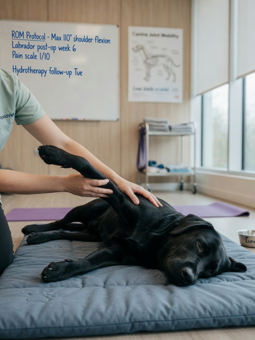 Canine physiotherapist performing controlled joint flexion exercise on black Labrador Retriever's elbow