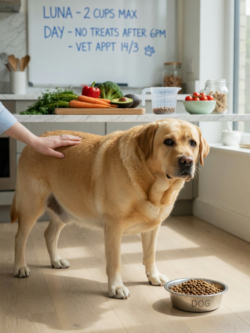 Overweight yellow Labrador Retriever being served measured kibble by owner in a kitchen