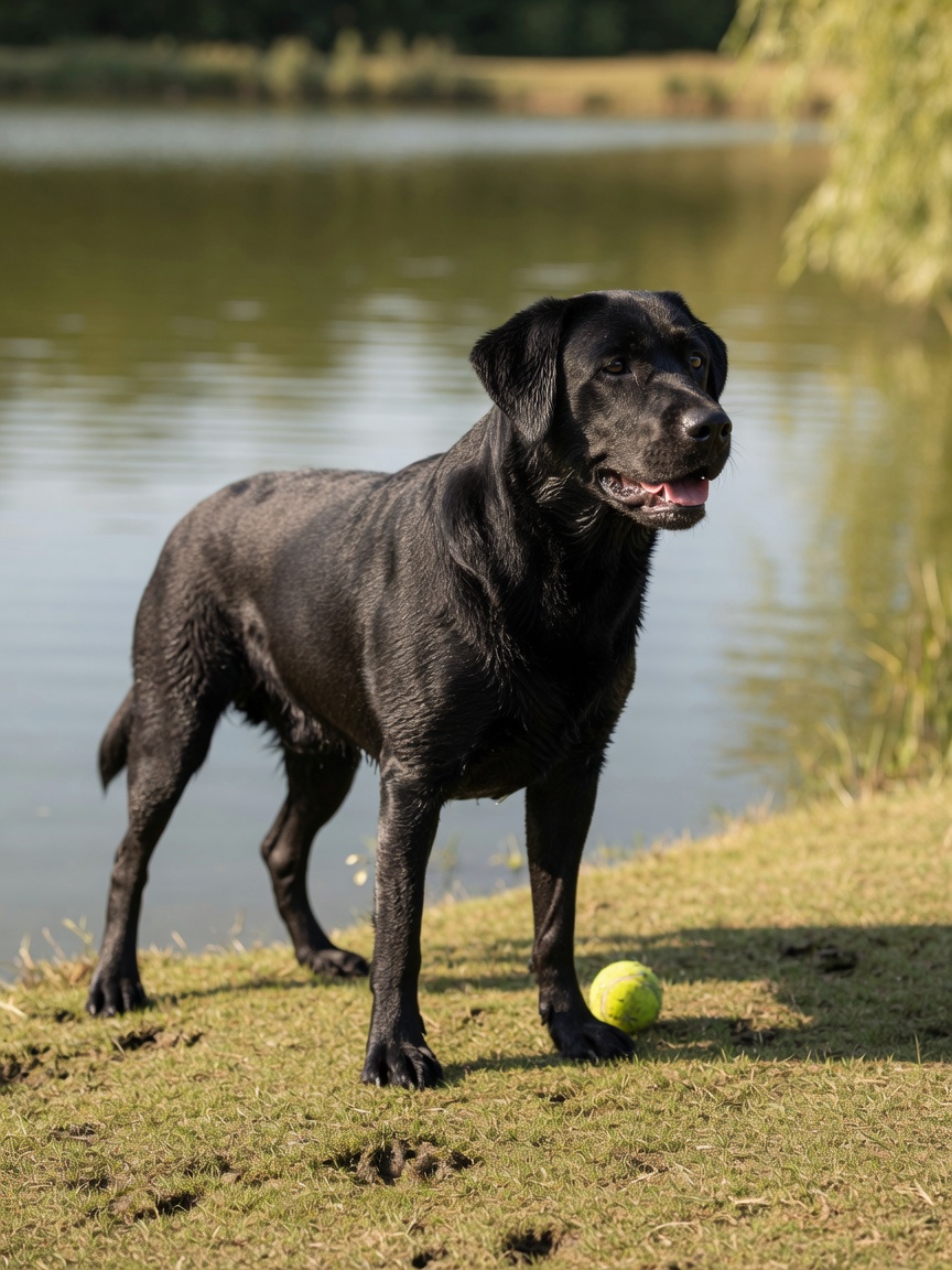 Black Labrador Retriever showing hind limb weakness after intense exercise near water