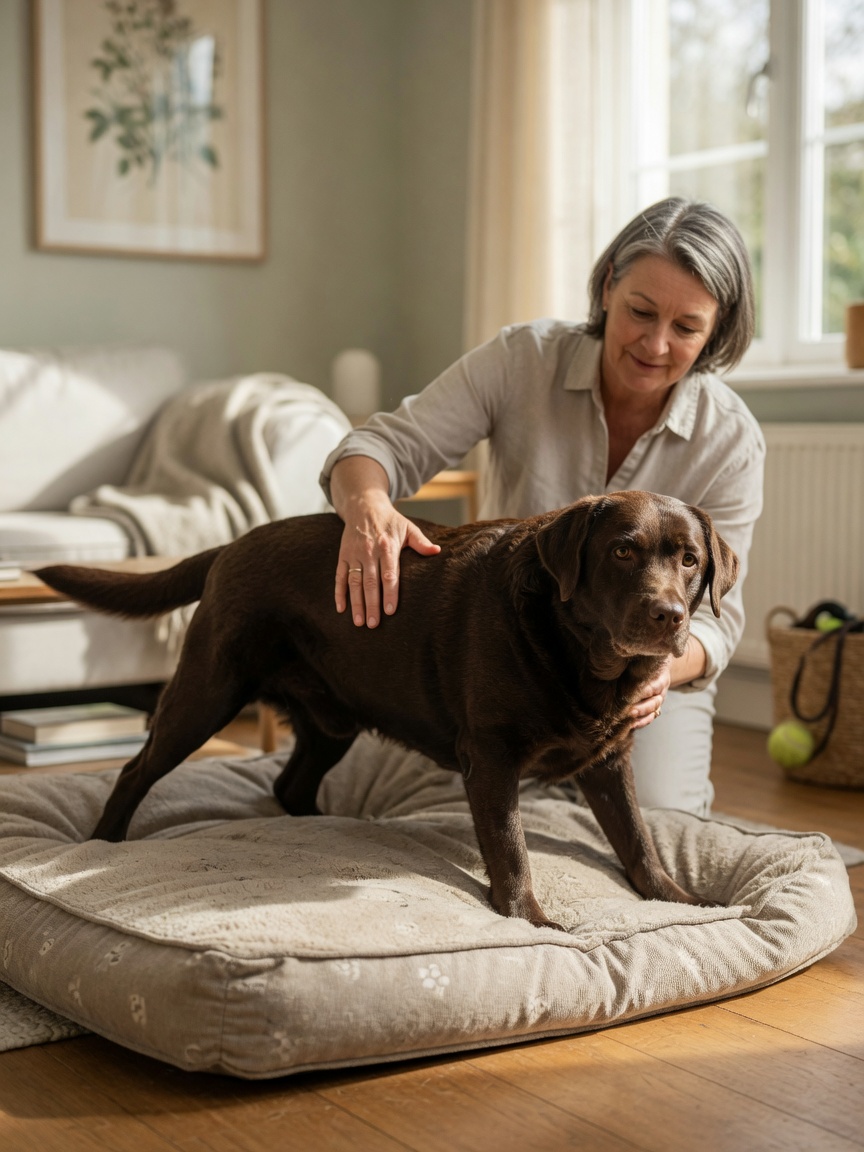Labrador showing stiffness while rising from dog bed with owner providing supportive care