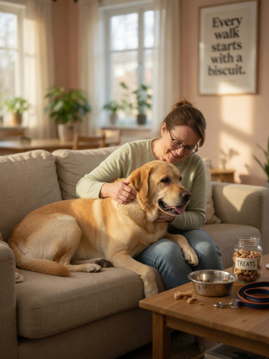 Owner and yellow Labrador Retriever relaxing together at home, showing the breed's food-motivated nature and family companion lifestyle