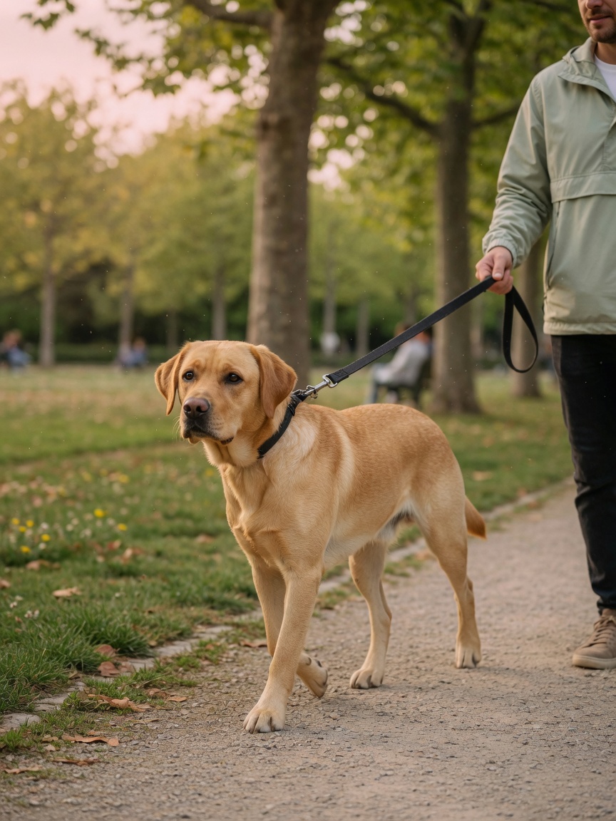Yellow Labrador Retriever on a structured lead walk through a park as part of weight management and exercise routine