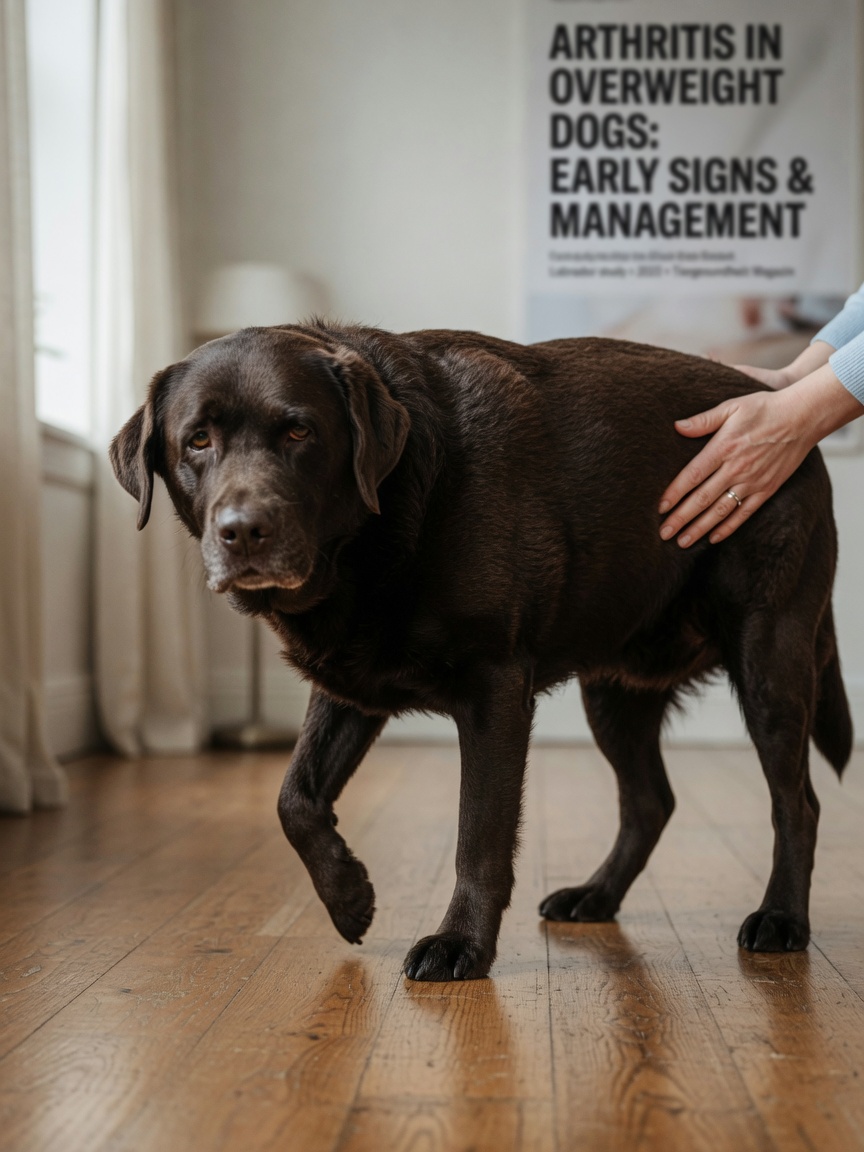 Dark chocolate Labrador Retriever with soft brown coat showing signs of joint discomfort while walking on hardwood floor, illustrating arthritis and orthopaedic disease from obesity