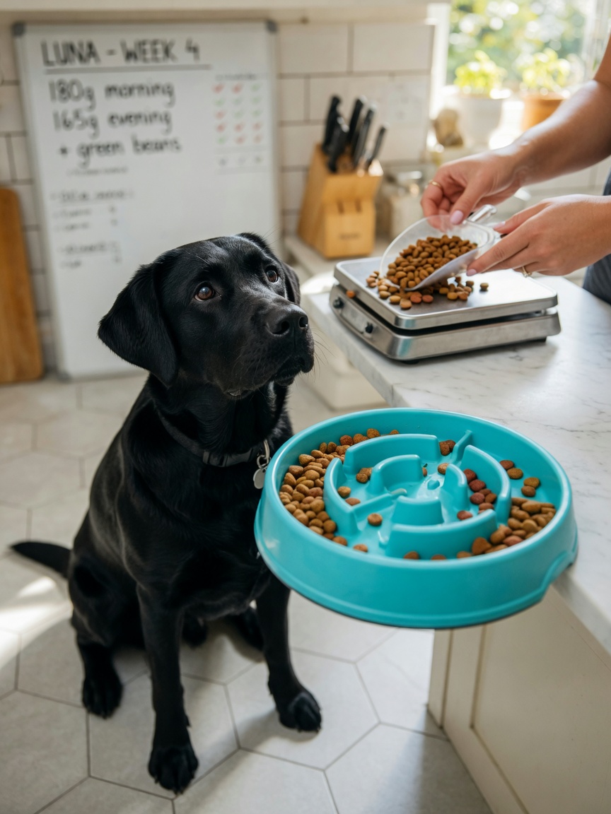 Black Labrador Retriever with shiny coat sitting in front of a puzzle feeder bowl on kitchen floor, with owner measuring kibble portions on a scale in background, demonstrating structured feeding practices