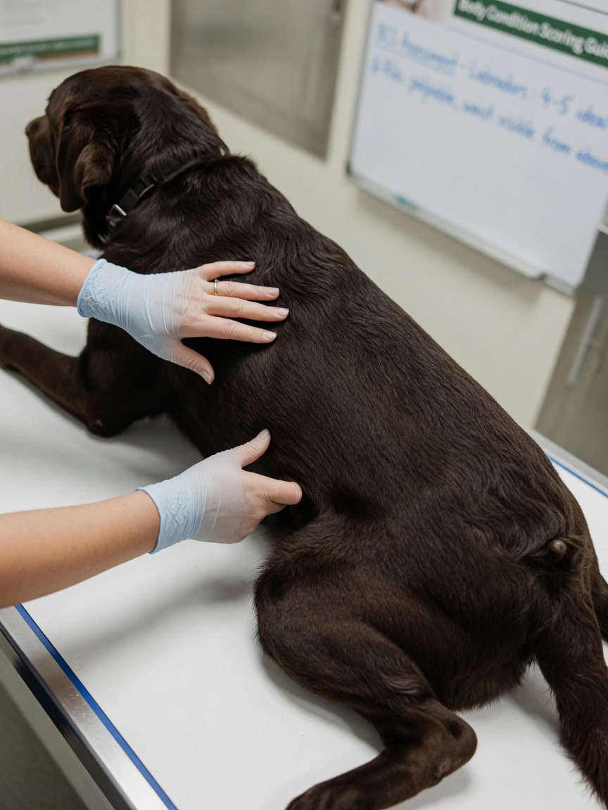 Tierarzt demonstriert die Beurteilung des Körperzustands durch Palpation der Rippen und Taille eines Labrador Retrievers