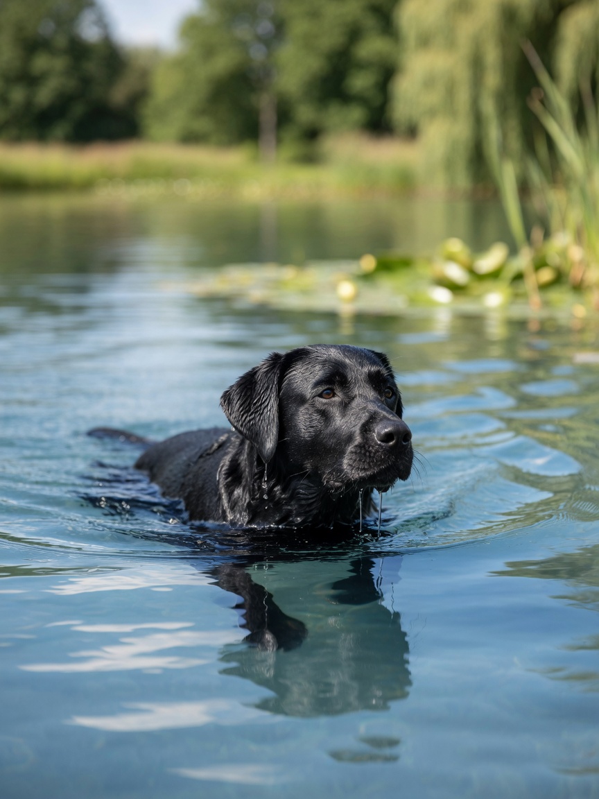 Schwarzer Labrador Retriever schwimmt im Wasser für gelenkschonendes Training