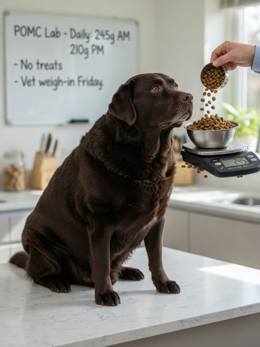 Chocolate Labrador Retriever watching owner use kitchen scale to portion kibble into bowl