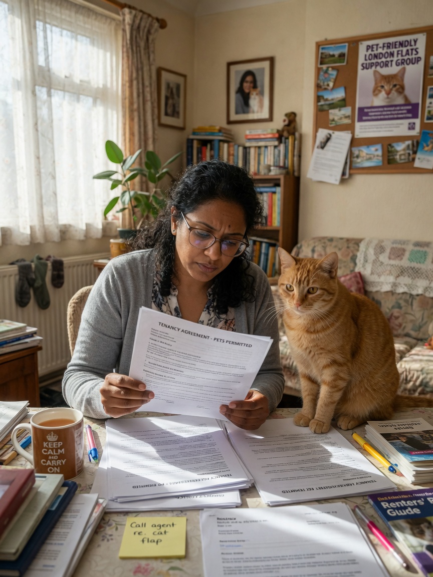 Inquilino britânico revisando contrato de arrendamento com gato gengibre atento à mesa de jantar