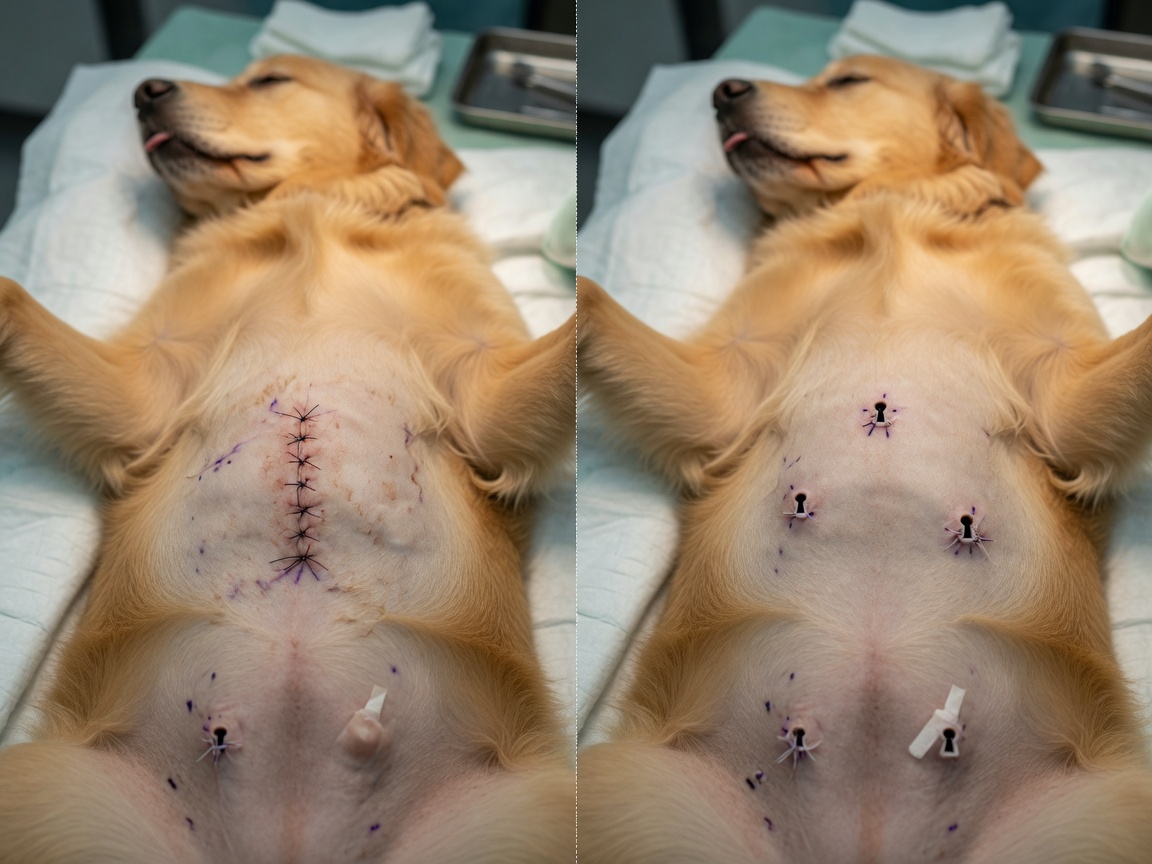 Comparison of traditional spay incision versus tiny laparoscopic keyhole incisions on a dog's abdomen
