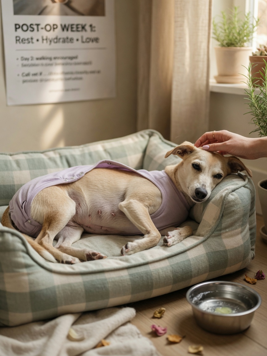 Dog recovering comfortably at home on soft bedding after laparoscopic spay surgery, appearing pain-free and relaxed
