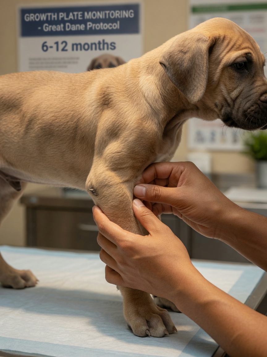 Veterinario examinando las articulaciones y el desarrollo esquelético de un cachorro de raza grande durante una revisión rutinaria