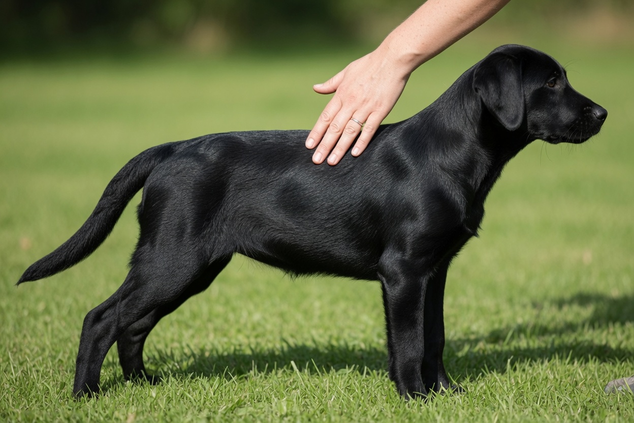 Cachorro de raza grande demostrando una condición corporal ideal y magra con el propietario evaluando la prominencia de las costillas