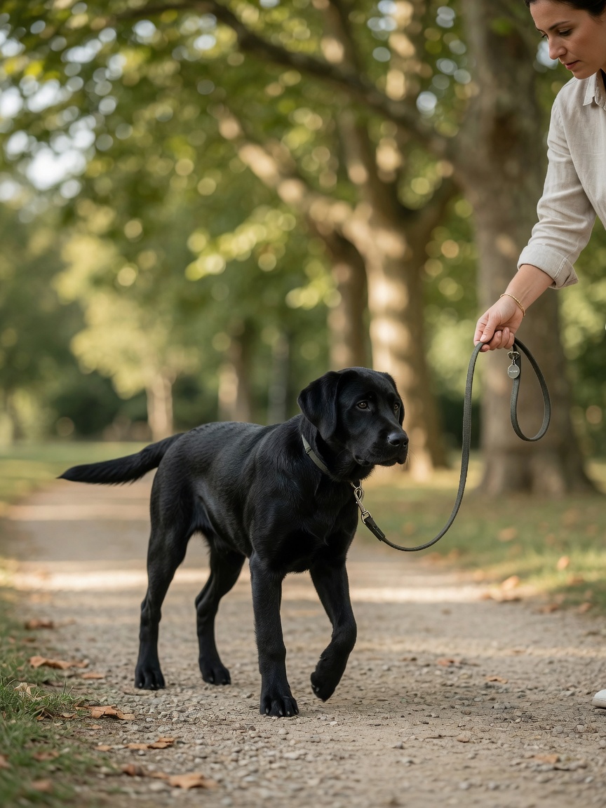 Black Labrador Retriever puppy on controlled lead walk with owner on tree-lined path