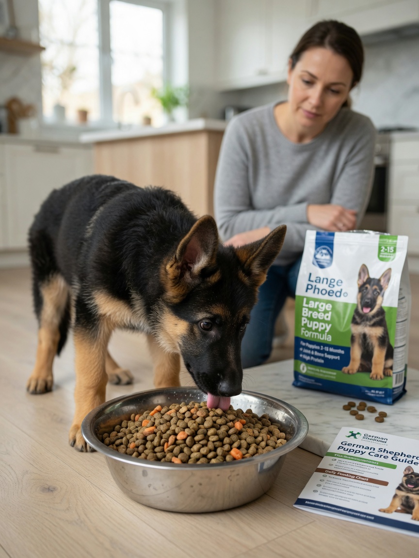 German Shepherd puppy eating specialized large breed puppy food from bowl in kitchen