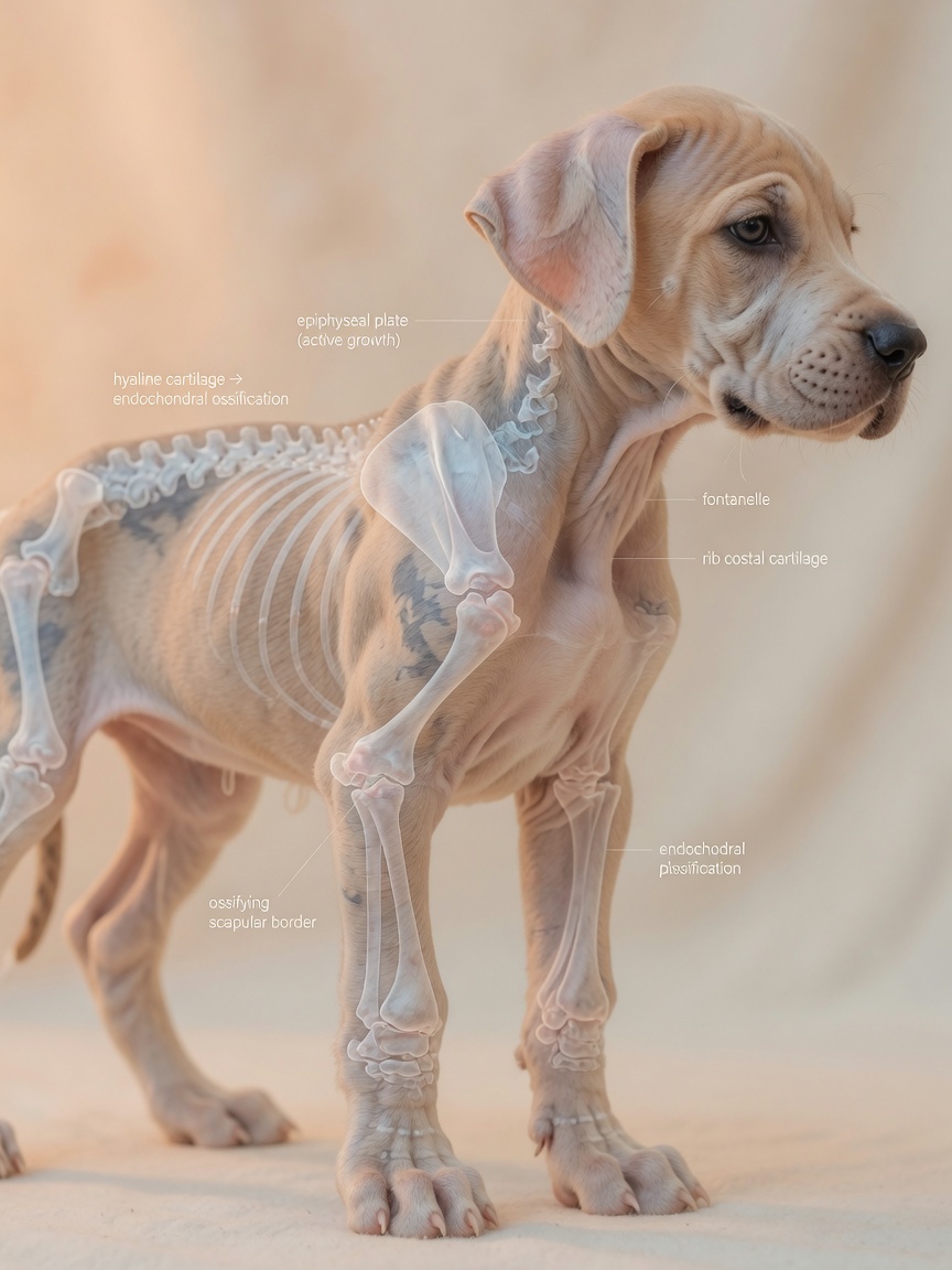Illustration concept of large breed puppy skeletal development showing cartilage mineralization process