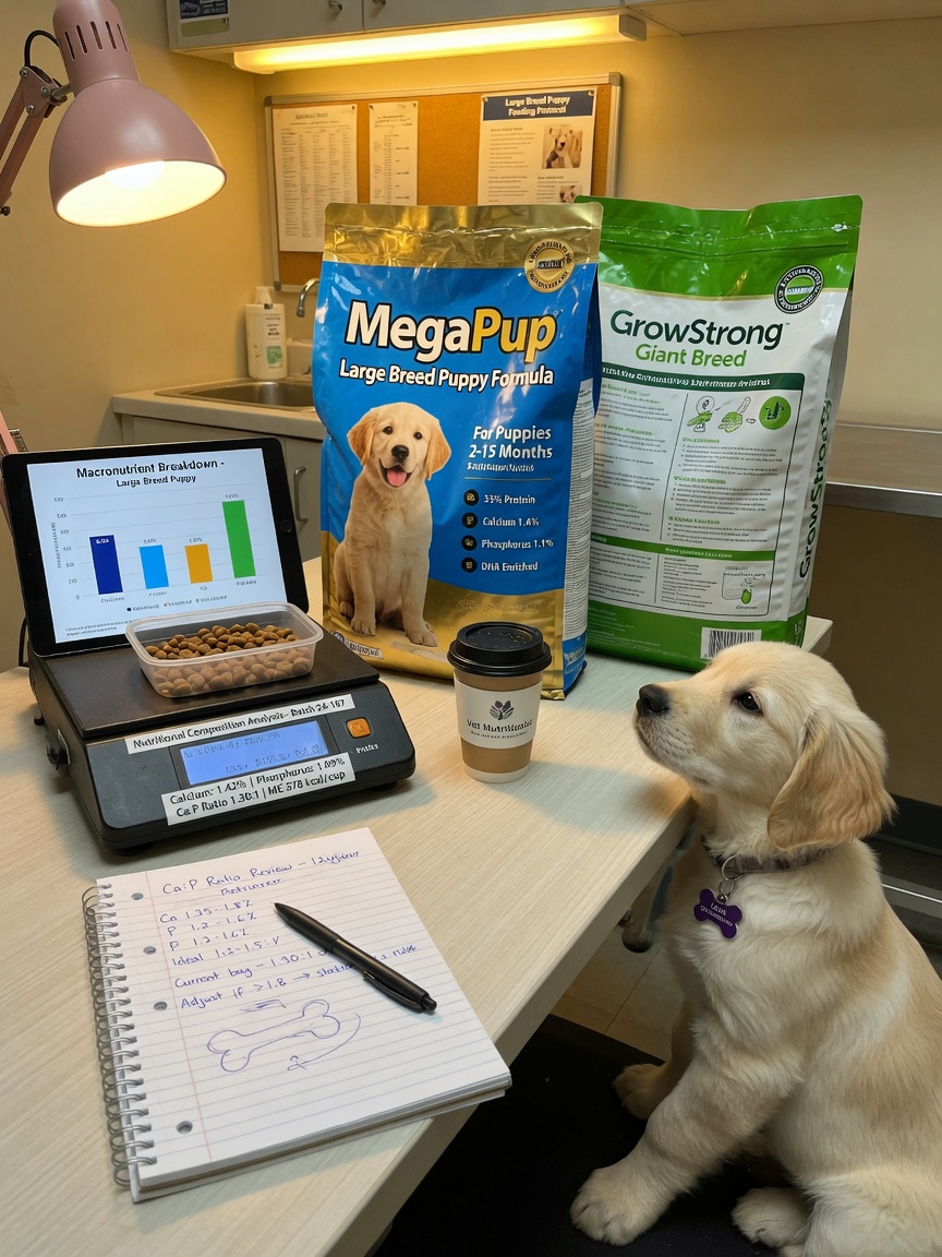 Veterinary nutritionist workspace showing large breed puppy food formulation and nutritional balance assessment