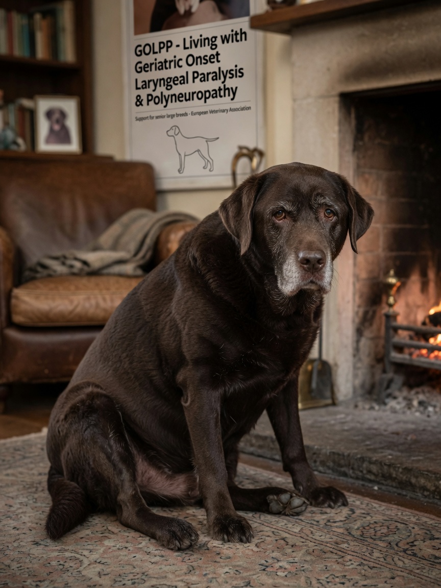 Senior Labrador Retriever showing signs of age and reduced mobility related to geriatric onset laryngeal paralysis and polyneuropathy