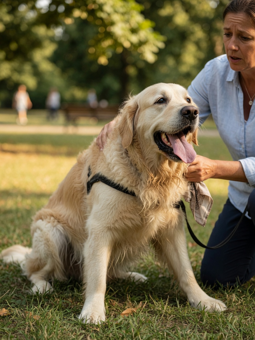 Large dog breathing heavily with distressed expression during a walk, demonstrating respiratory crisis and exercise intolerance from laryngeal paralysis