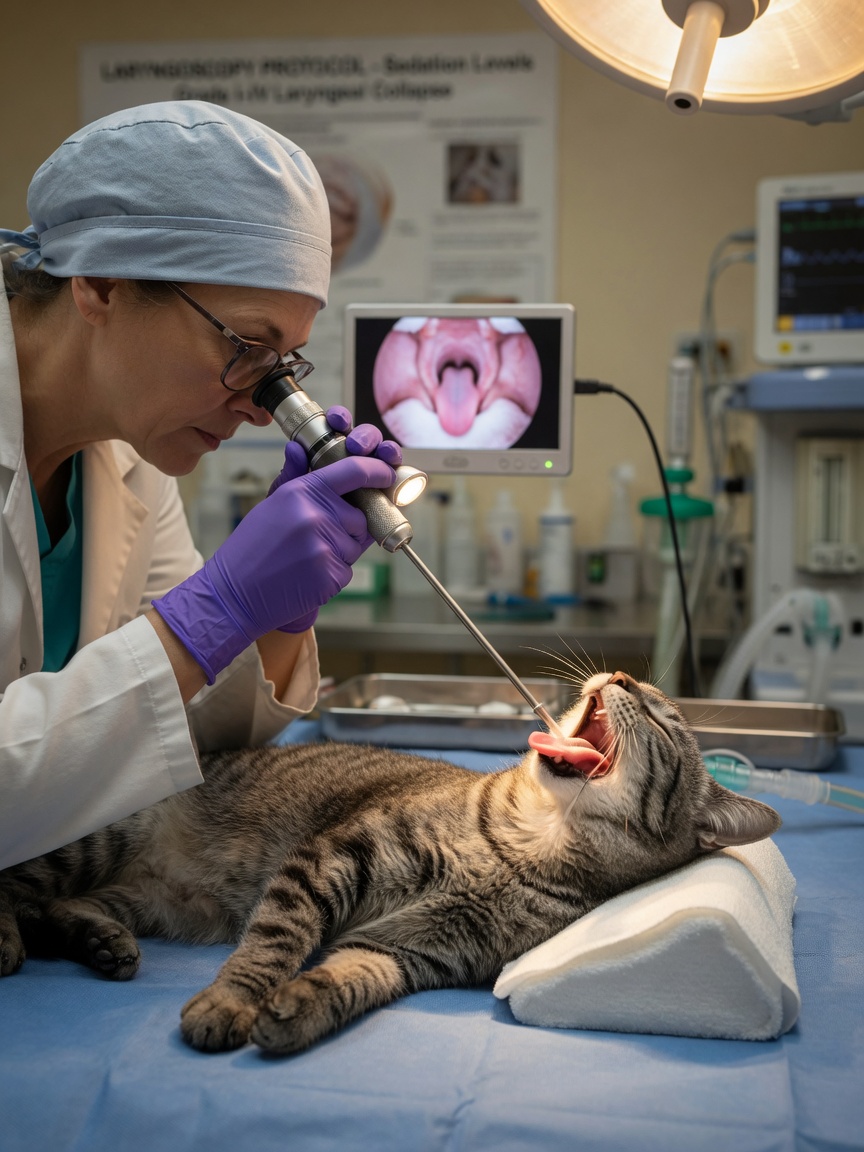 Veterinarian performing laryngeal examination on sedated cat using diagnostic visualization technique