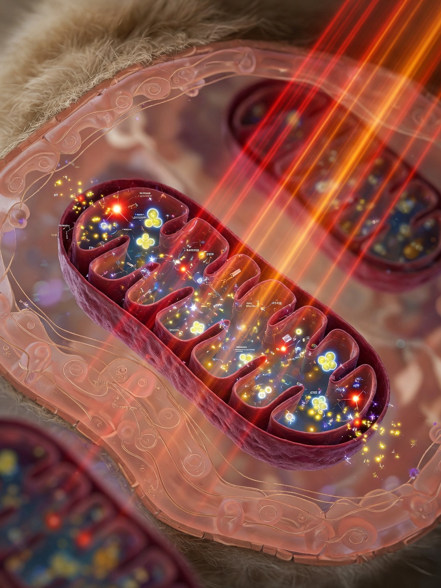 Scientific visualization of cellular mitochondria being activated by red and near-infrared light wavelengths during photobiomodulation