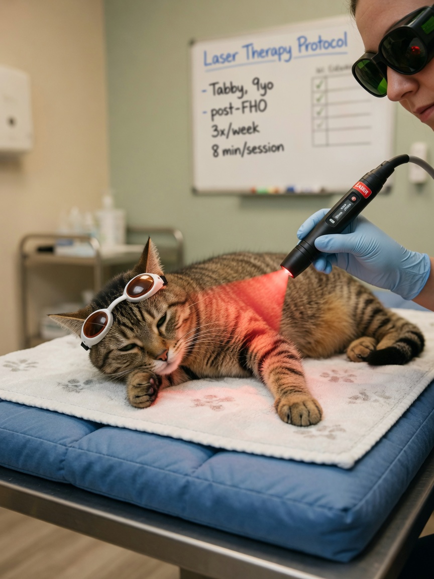 Tabby cat receiving laser therapy treatment on front leg while wearing protective eyewear, appearing relaxed and drowsy