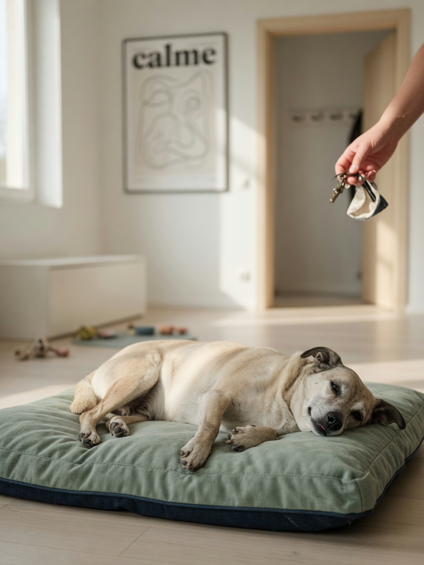 Relaxed dog on bed demonstrating successful alone time training with owner visible in background