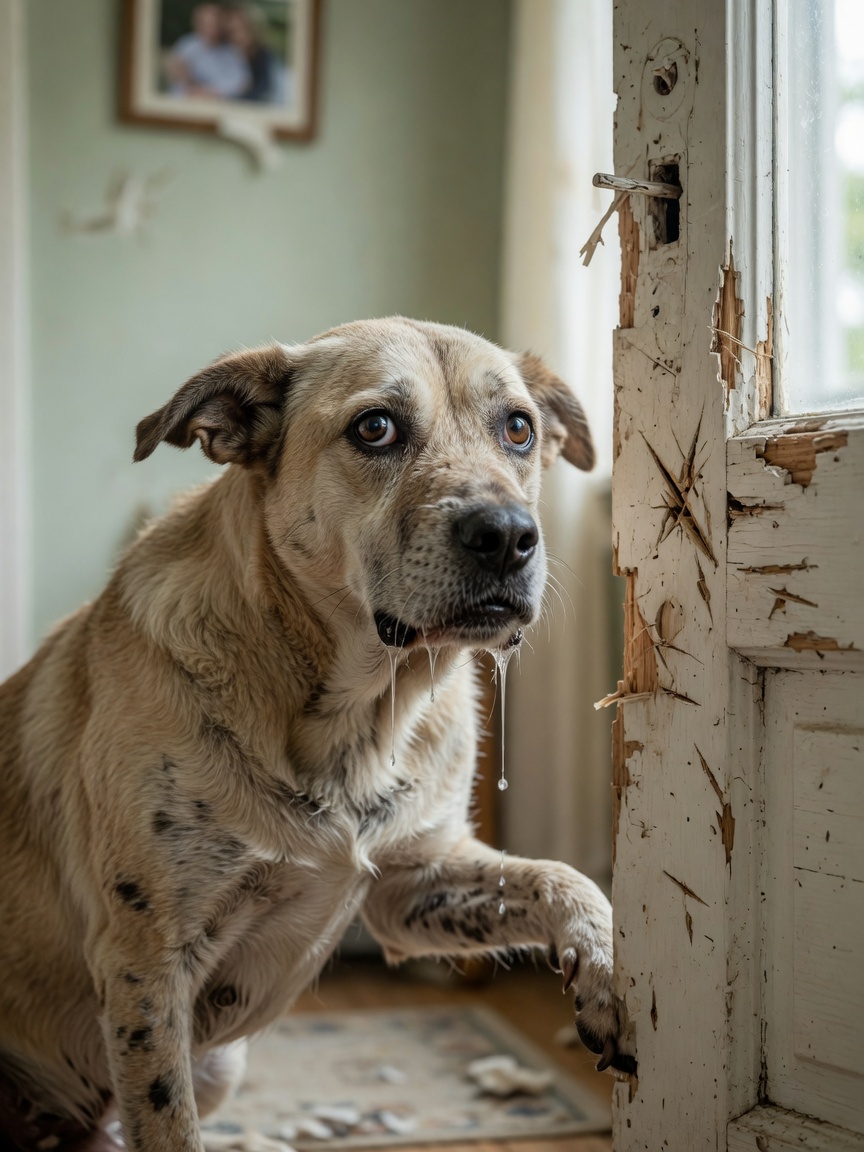 Close-up of anxious dog showing separation anxiety symptoms including excessive drooling and stressed expression