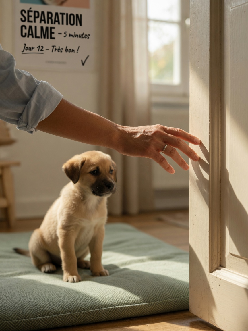 Owner's hand leaving a room while puppy remains calm and settled on mat during brief separation training