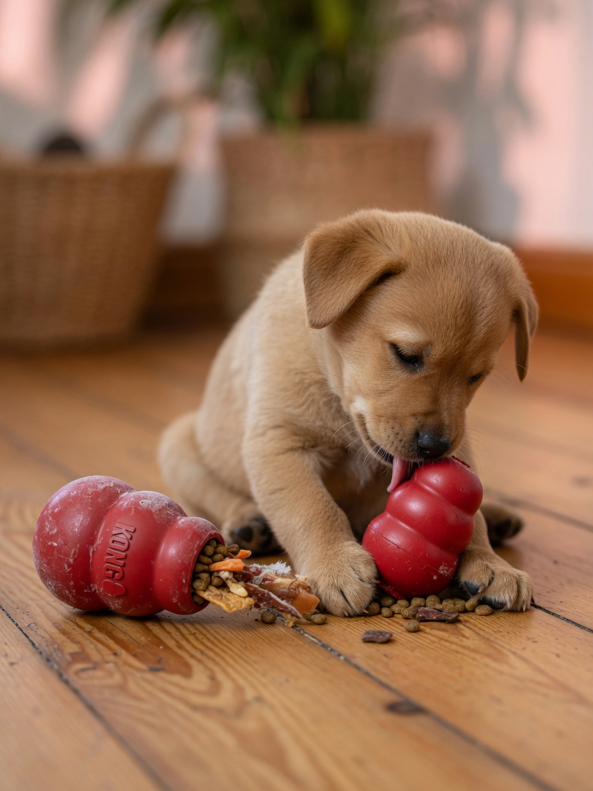 Puppy contentedly engaged with a frozen Kong toy during absence training enrichment