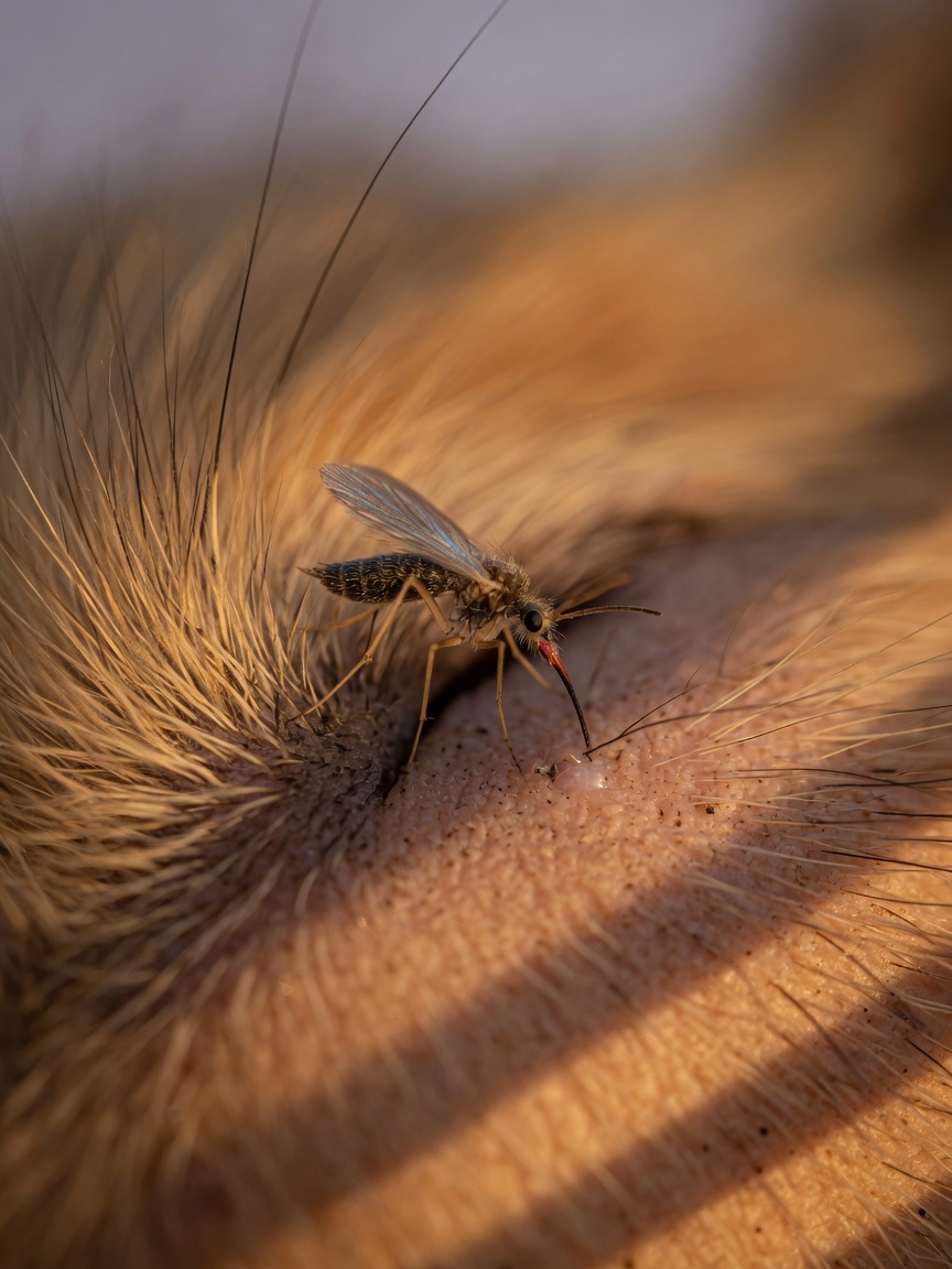 Macro close-up of sandfly transmitting Leishmania parasite during feeding on dog fur