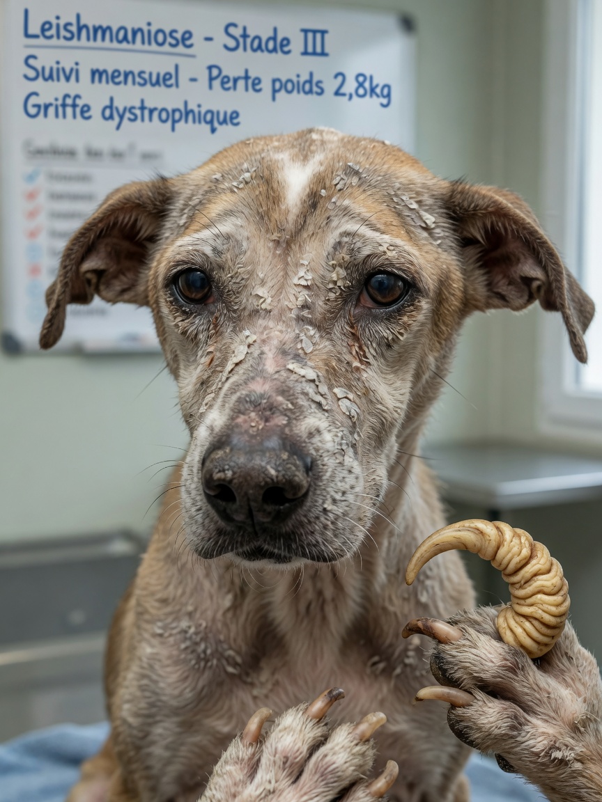 Dog showing multiple leishmaniasis clinical signs including skin scaling, hair loss, and overgrown claws
