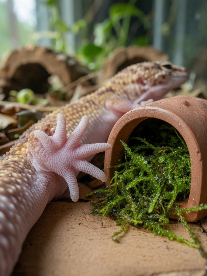 Leopard gecko near a damp sphagnum moss-filled hide showing proper humidity provision for healthy shedding