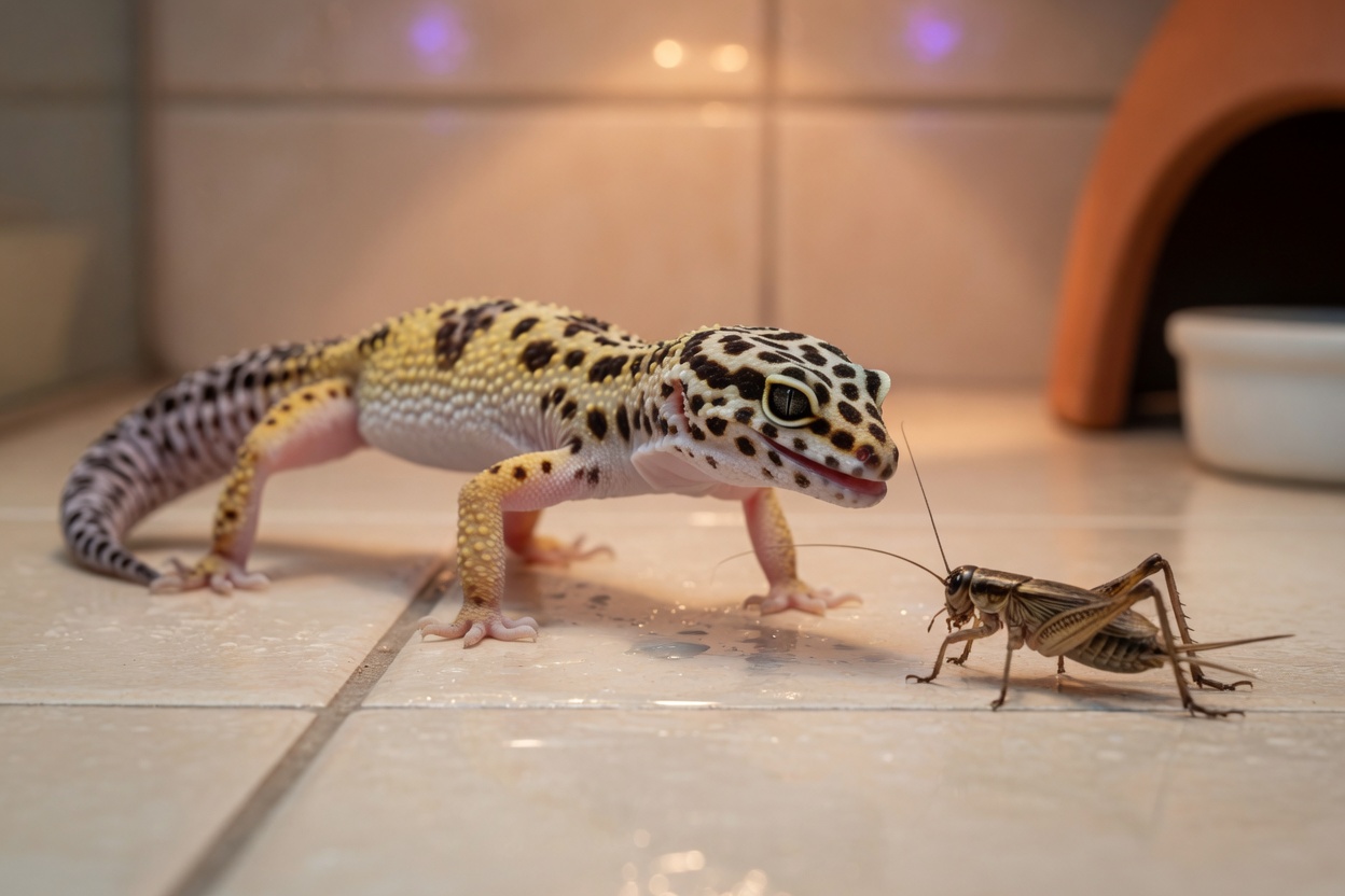 Leopard gecko with spotted pattern hunting a live cricket on a safe ceramic tile substrate in its enclosure