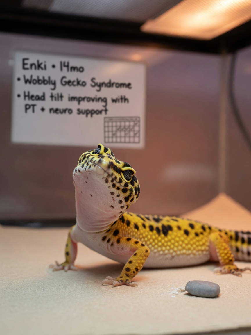 A spotted leopard gecko displaying head tilting behavior characteristic of Enigma syndrome neurological condition