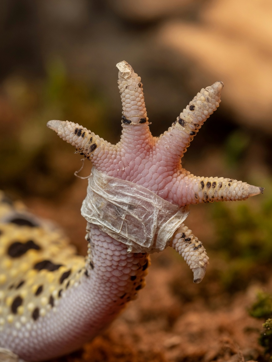 Close-up of leopard gecko toes with retained shed wrapped tightly around them, showing constriction