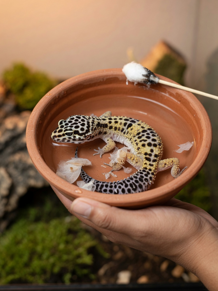 Leopard gecko soaking in shallow water with handler's hand gently supporting it, damp cotton bud nearby