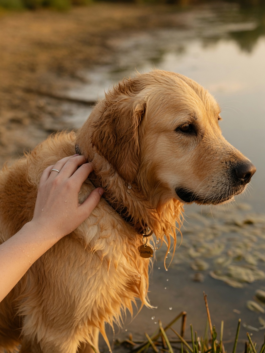 Owner gently touching their wet dog after swimming in a natural water environment