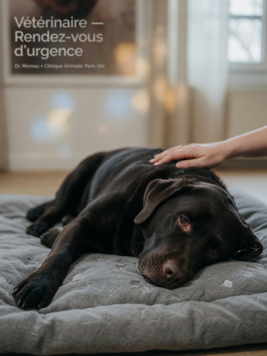Unwell dog lying on a bed looking lethargic and fatigued, showing signs of illness