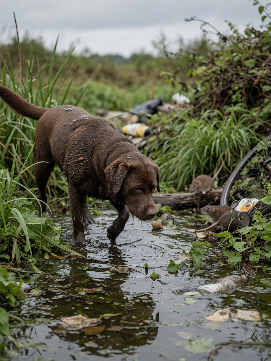 Dog sniffing near contaminated stagnant water with rodents in background