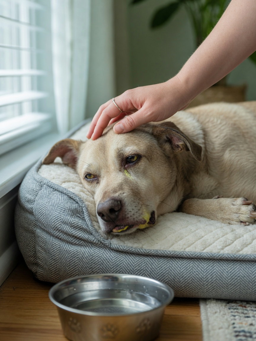 Sick dog on bed showing lethargy and jaundice symptoms with owner's hand
