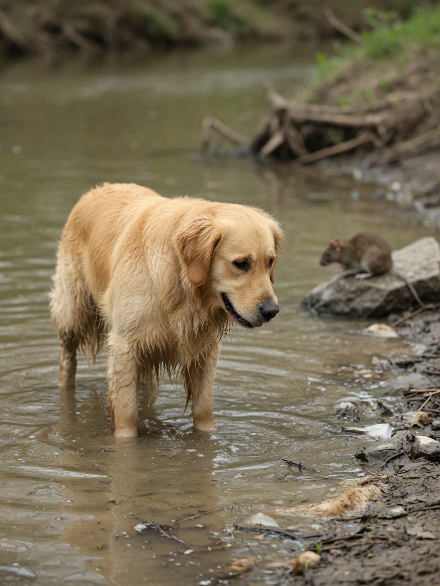Dog wading in muddy river water with a rat visible on nearby rocks, illustrating leptospirosis exposure risk