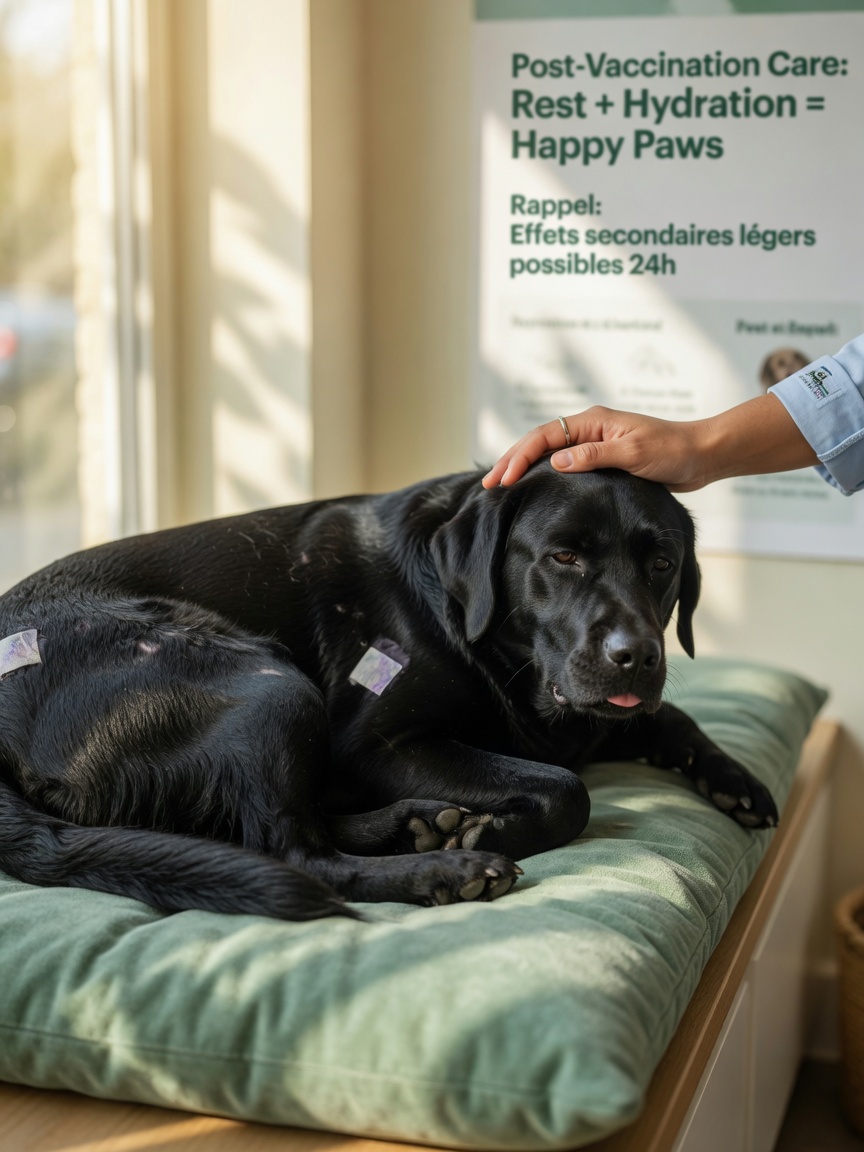 Calm vaccinated dog resting peacefully indoors with reassuring vet contact, showing the mild and temporary nature of vaccine side effects