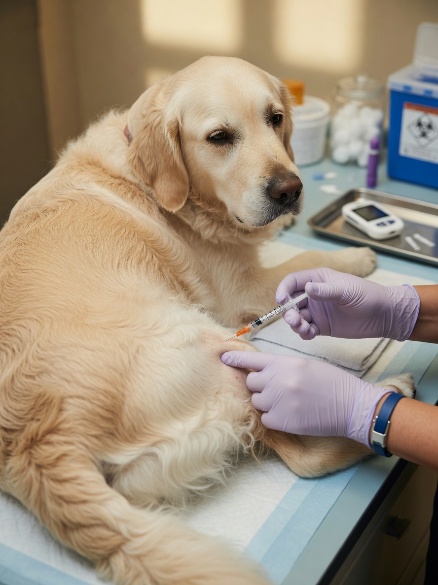 Golden retriever receiving insulin injection at veterinary clinic, demonstrating ongoing treatment for chronic condition