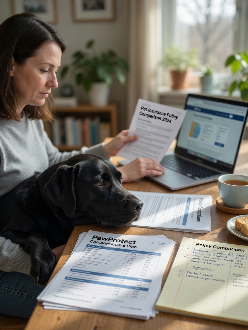 Pet owner comparing insurance policies at desk with dog nearby, reviewing coverage options and terms