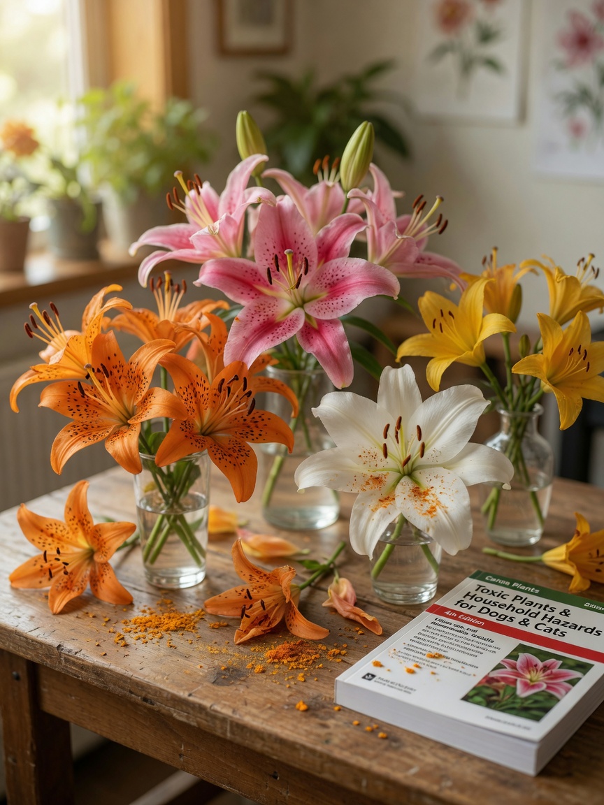 Multiple varieties of toxic lilies arranged in glass vases on a florist's bench, showing Easter lilies, tiger lilies, stargazer lilies, and day lilies with visible orange pollen.