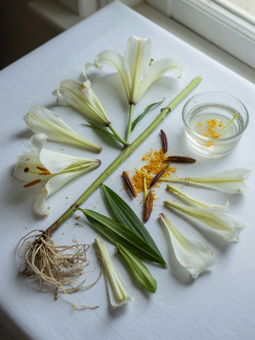 Detailed arrangement of Easter lily plant parts including petals, leaves, stamens with golden pollen, roots, and vase water showing all toxic components