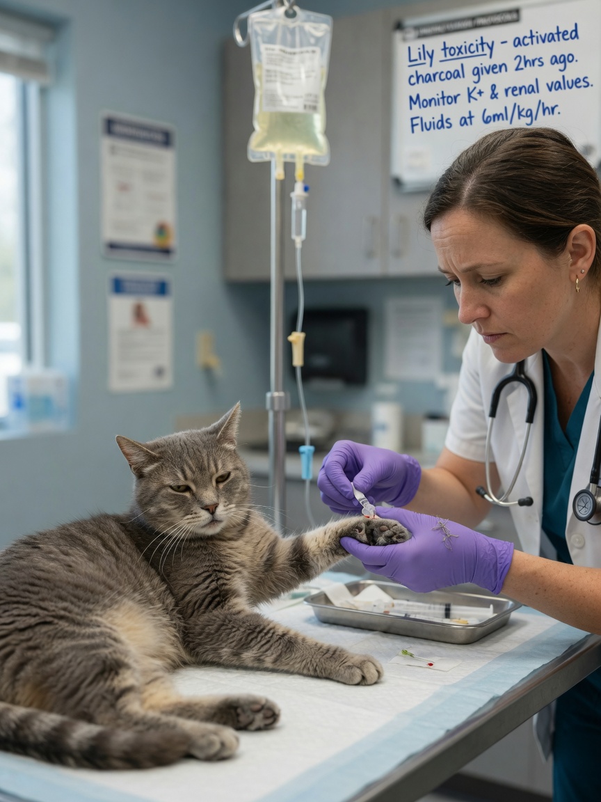 A gray tabby cat receiving emergency intravenous fluid therapy from a veterinarian during treatment for lily poisoning