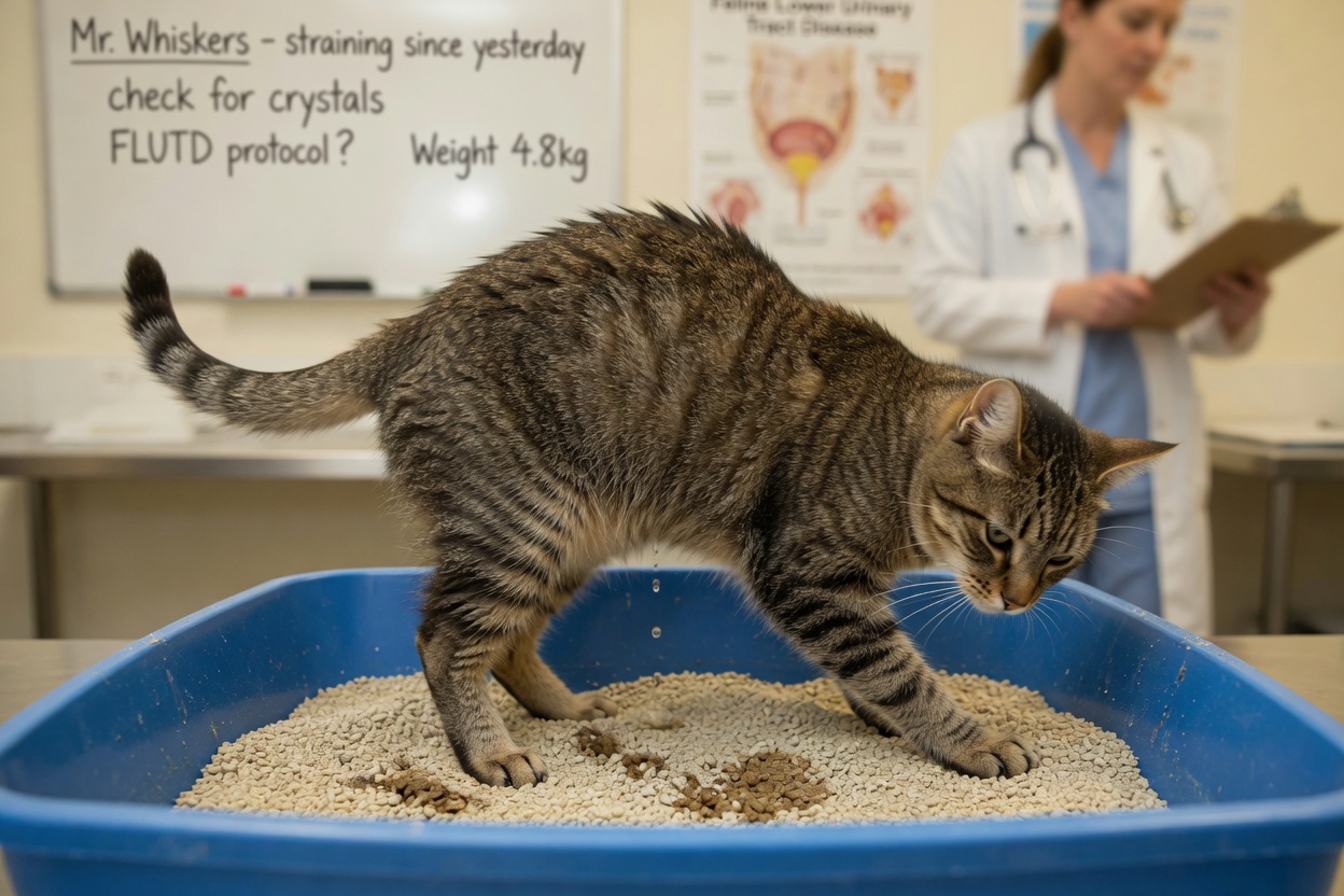 A tabby cat straining in a litter box showing signs of urinary discomfort, with veterinary clinic background