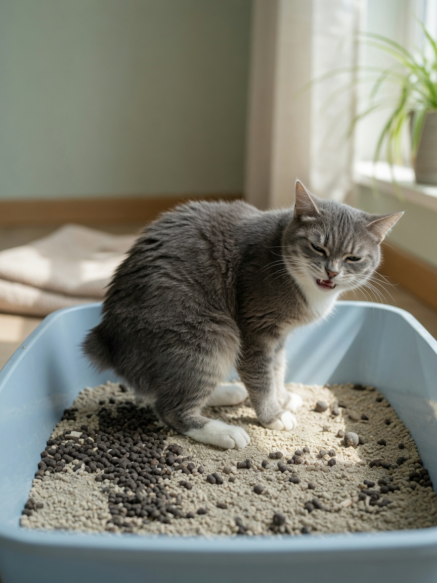 A cat straining in a litter box with small hard stools visible, showing constipation and discomfort